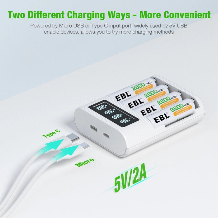 EBL Smart LCD Screen Charger for AA and AAA NiMH Batteries with USB Input