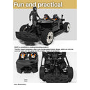 Promotional image of a black remote control car with text highlighting its fun and practical aspects.