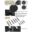 Promotional image of a steel 46T spur gear with CNC machining details on a white background.