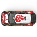 Top-down view of the MJX 10303 red and white rally car with various sponsor logos on a white background