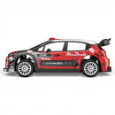Model of a 10303 red and black Citroén car with sponsor logos on a white background