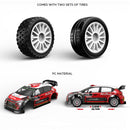Two sets of tires with a MJX 10303 c3 model car on a white background