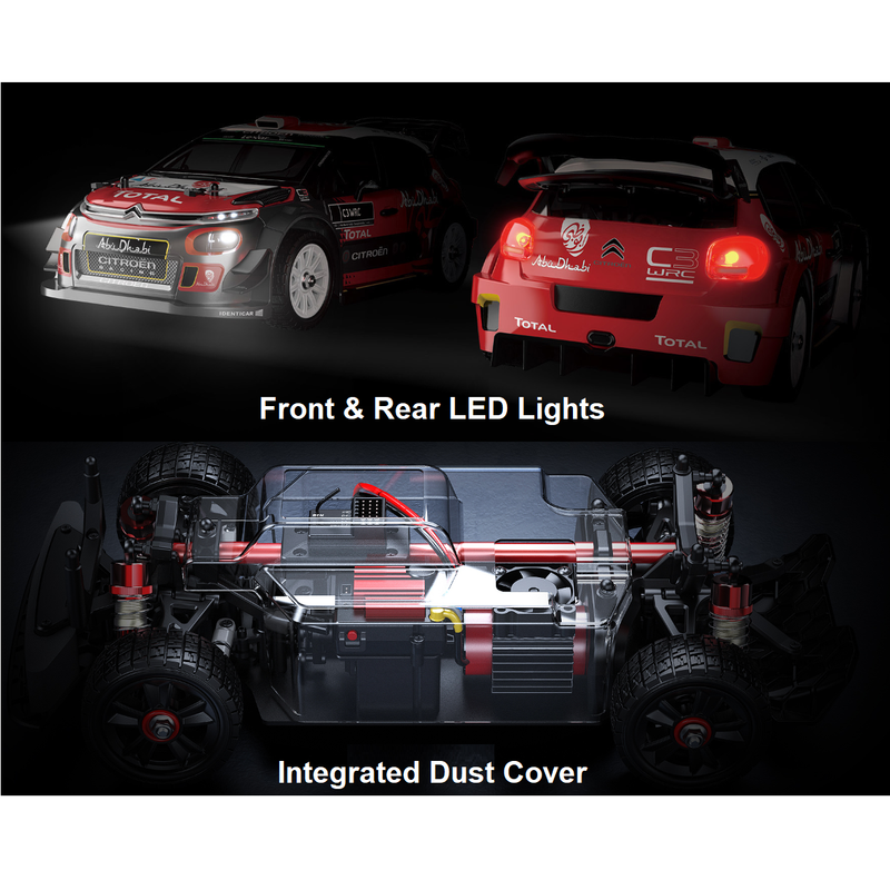 two pictures of the mjx 14303 showing the LED lights and dust cover